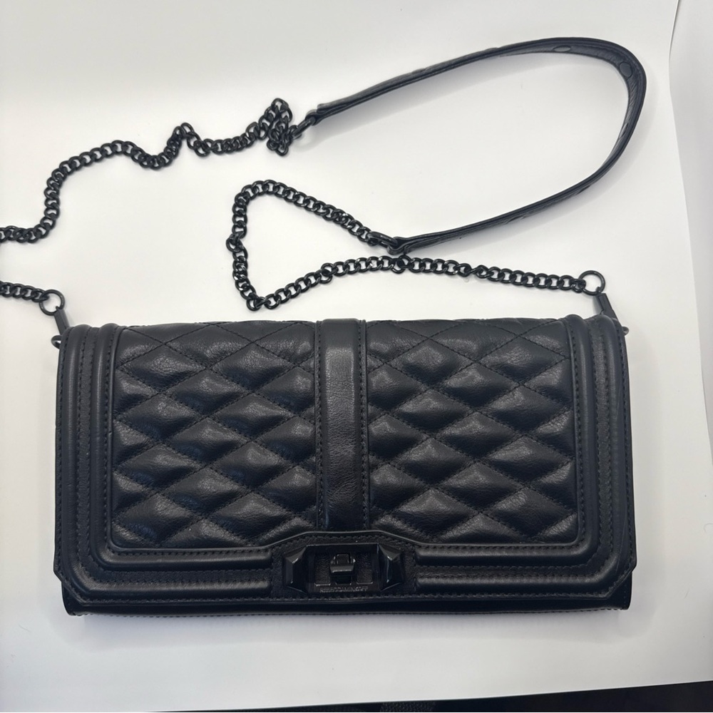 Rebecca Minkoff quilted love crossbody black leather chain strap flap bag